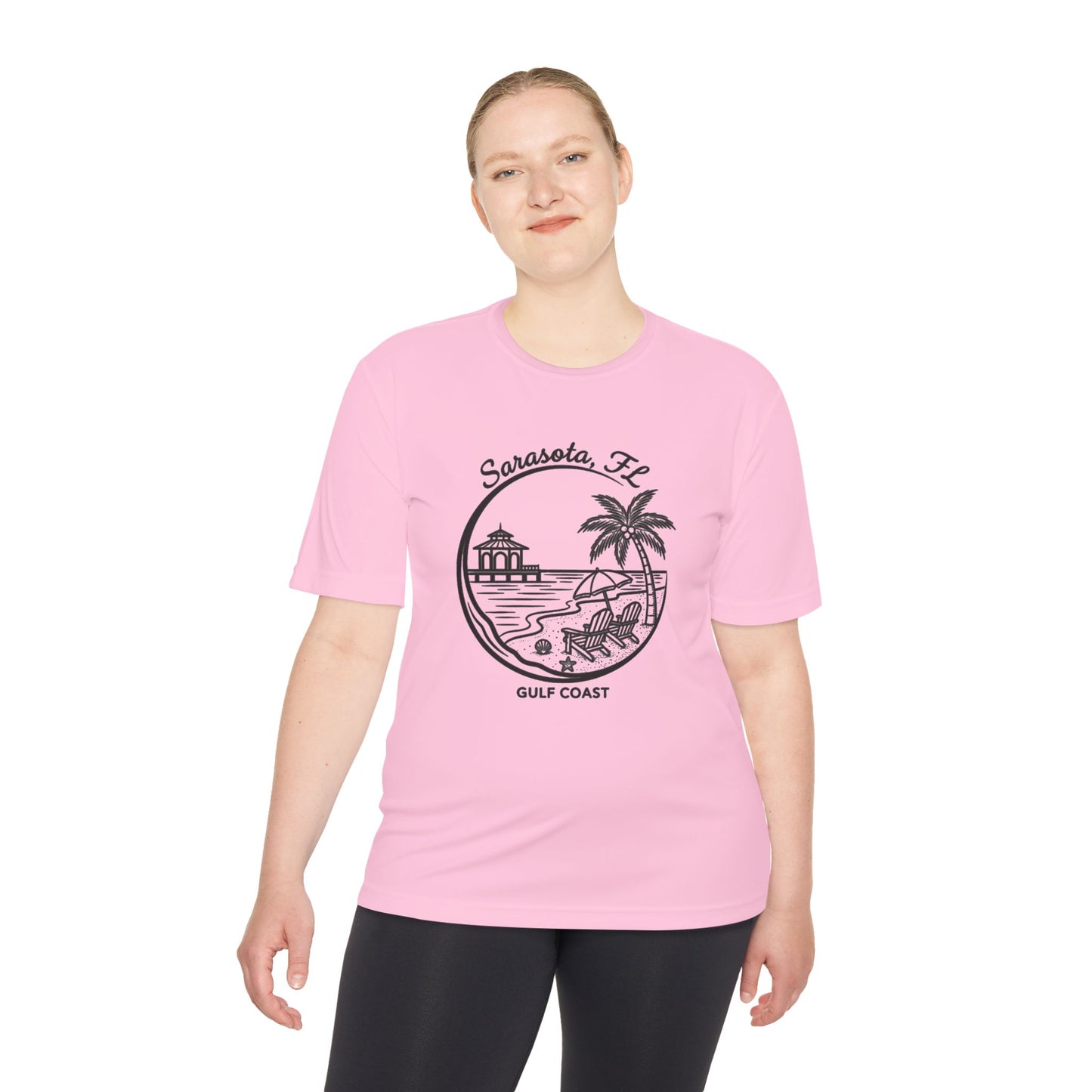 Sarasota, FL Gulf Coast Beach Graphic Tee - Palm Tree & Pier Moisture-Wicking Shirt