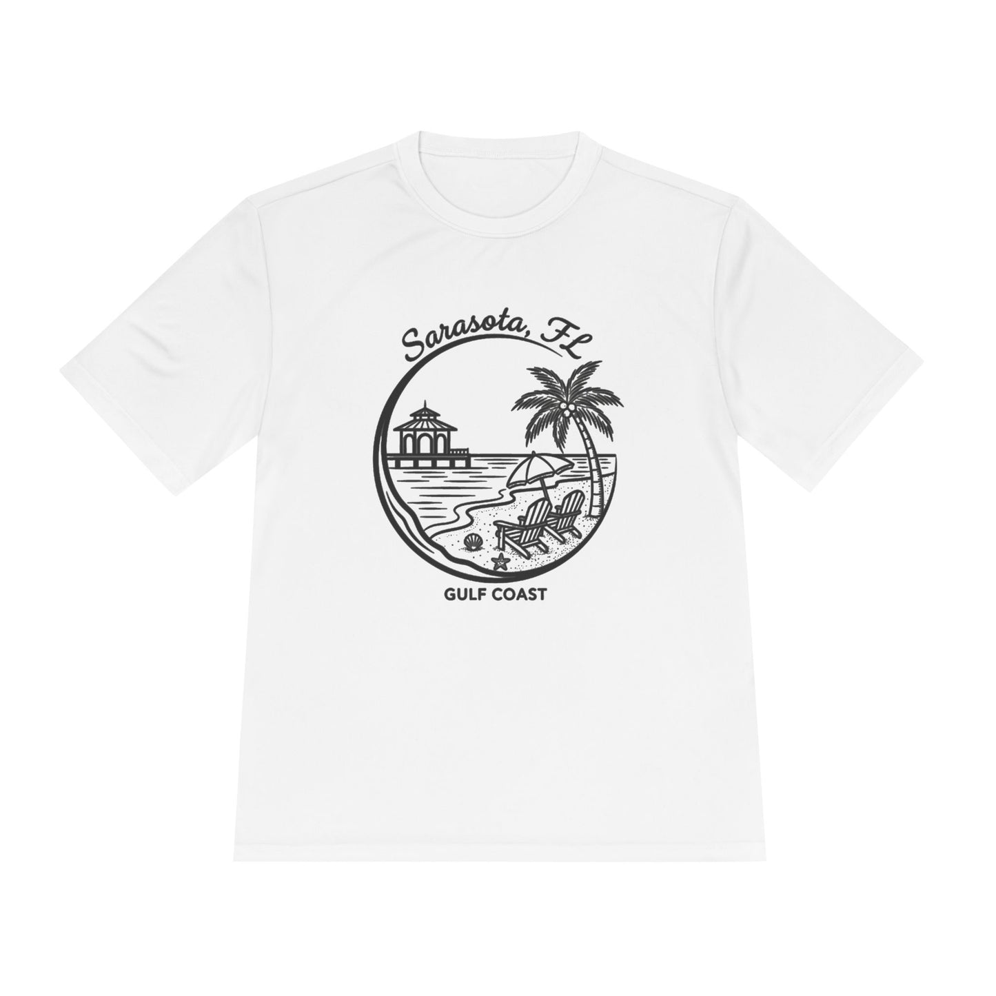 Sarasota, FL Gulf Coast Beach Graphic Tee - Palm Tree & Pier Moisture-Wicking Shirt