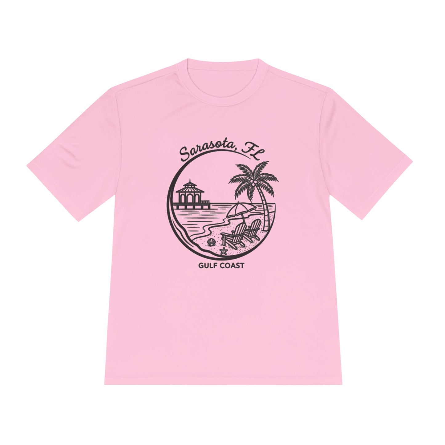 Sarasota, FL Gulf Coast Beach Graphic Tee - Palm Tree & Pier Moisture-Wicking Shirt