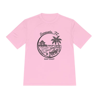 Sarasota, FL Gulf Coast Beach Graphic Tee - Palm Tree & Pier Moisture-Wicking Shirt