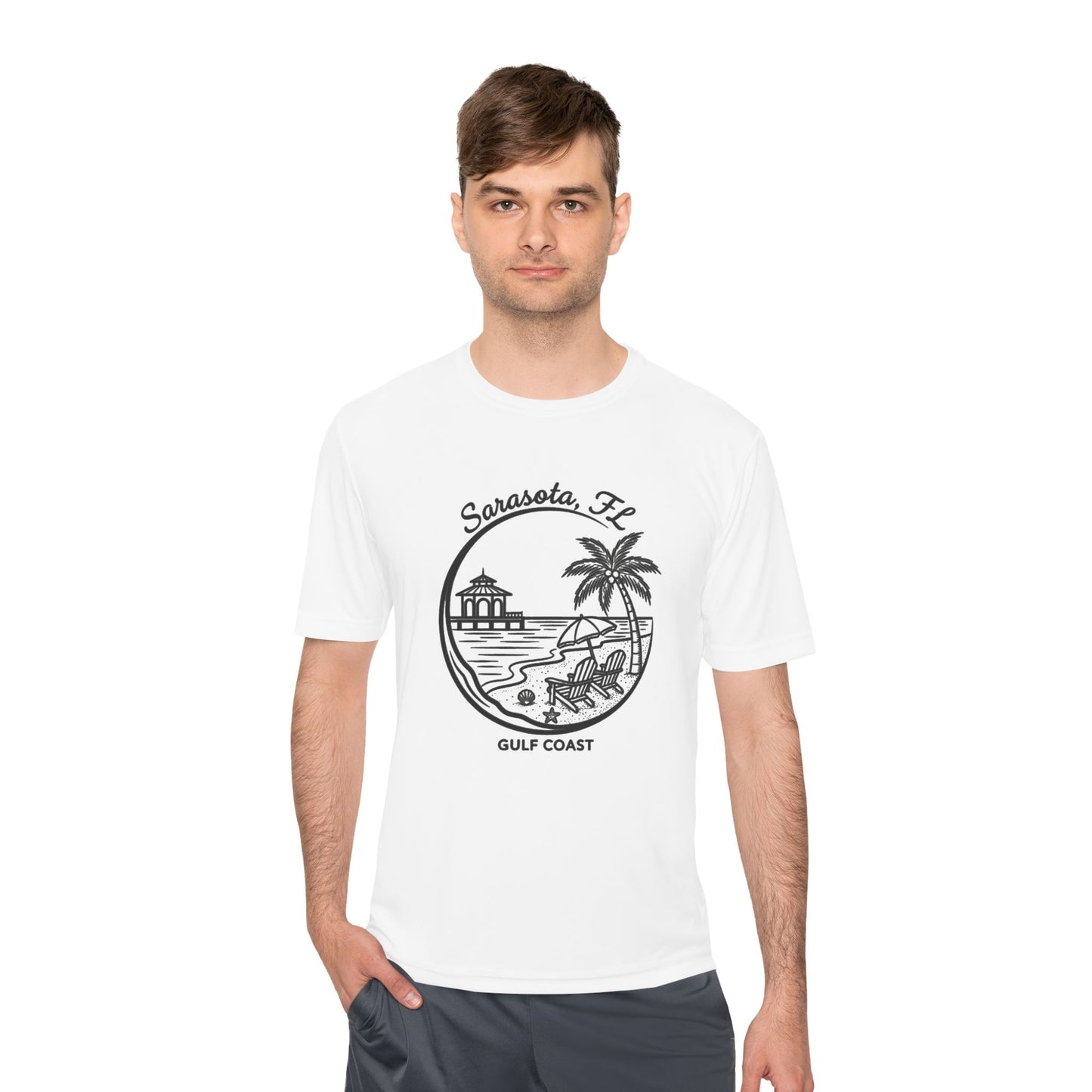 Sarasota, FL Gulf Coast Beach Graphic Tee - Palm Tree & Pier Moisture-Wicking Shirt