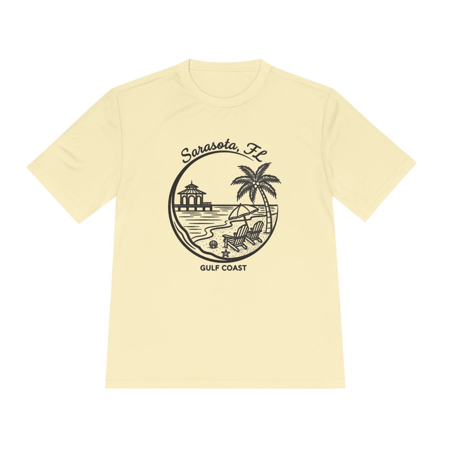 Sarasota, FL Gulf Coast Beach Graphic Tee - Palm Tree & Pier Moisture-Wicking Shirt