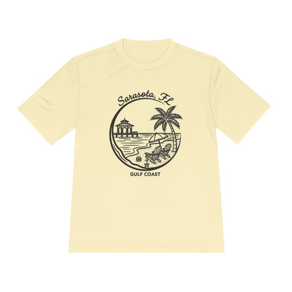 Sarasota, FL Gulf Coast Beach Graphic Tee - Palm Tree & Pier Moisture-Wicking Shirt