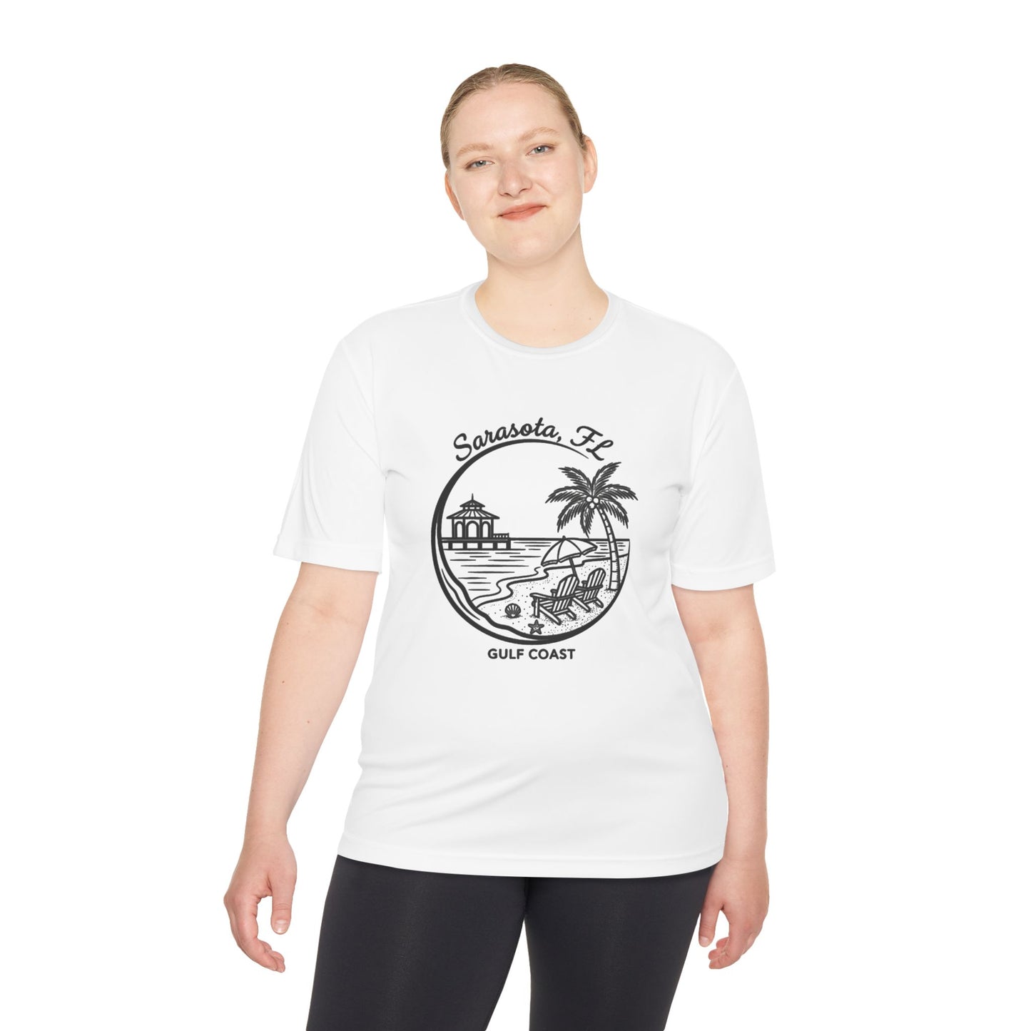 Sarasota, FL Gulf Coast Beach Graphic Tee - Palm Tree & Pier Moisture-Wicking Shirt