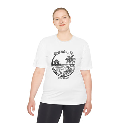 Sarasota, FL Gulf Coast Beach Graphic Tee - Palm Tree & Pier Moisture-Wicking Shirt