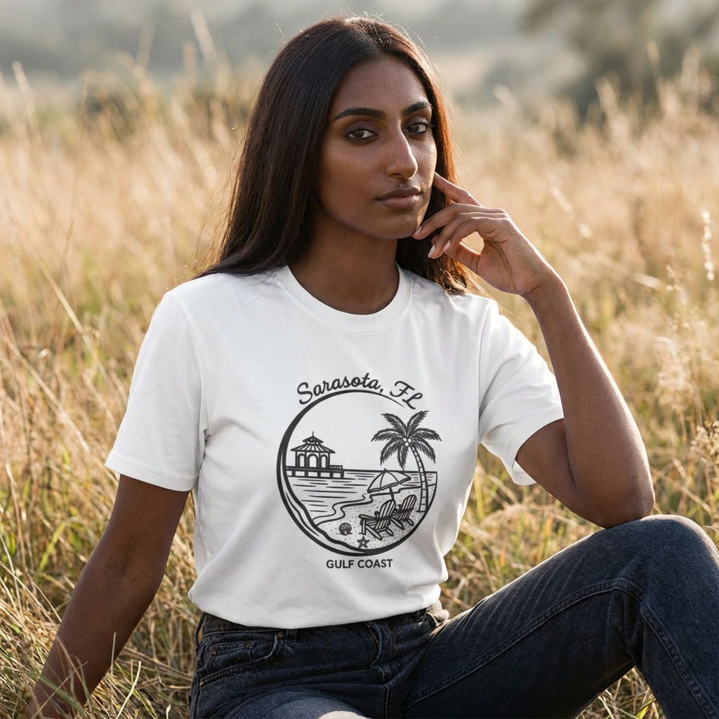 Sarasota, FL Gulf Coast Beach Graphic Tee - Palm Tree & Pier Moisture-Wicking Shirt