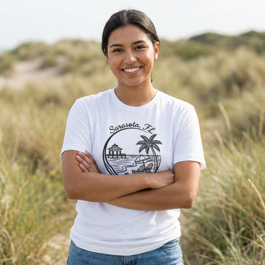 Sarasota, FL Gulf Coast Beach Graphic Tee - Palm Tree & Pier Moisture-Wicking Shirt