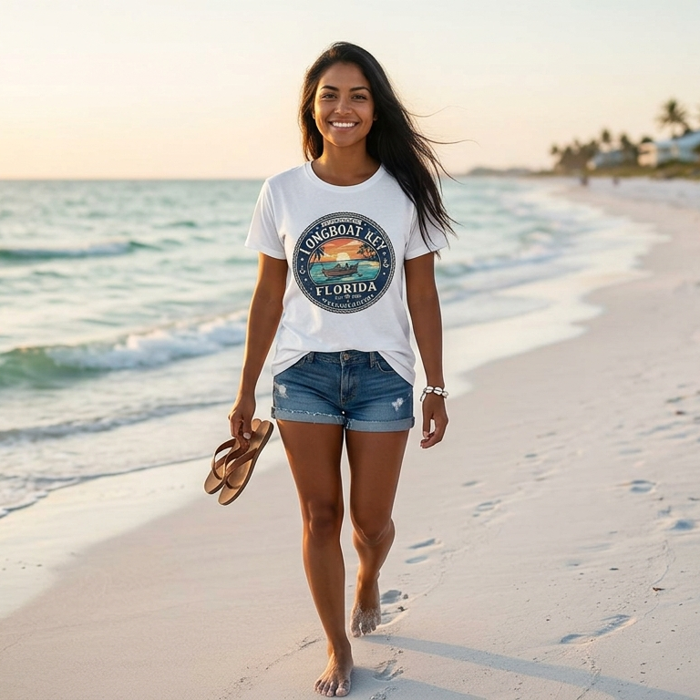 Longboat Key Florida Sunset Tee — Vintage Beach Graphic Moisture-Wicking Shirt