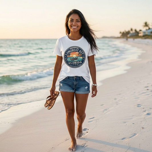 Longboat Key Florida Sunset Tee — Vintage Beach Graphic Moisture-Wicking Shirt