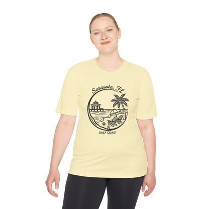 Sarasota, FL Gulf Coast Beach Graphic Tee - Palm Tree & Pier Moisture-Wicking Shirt