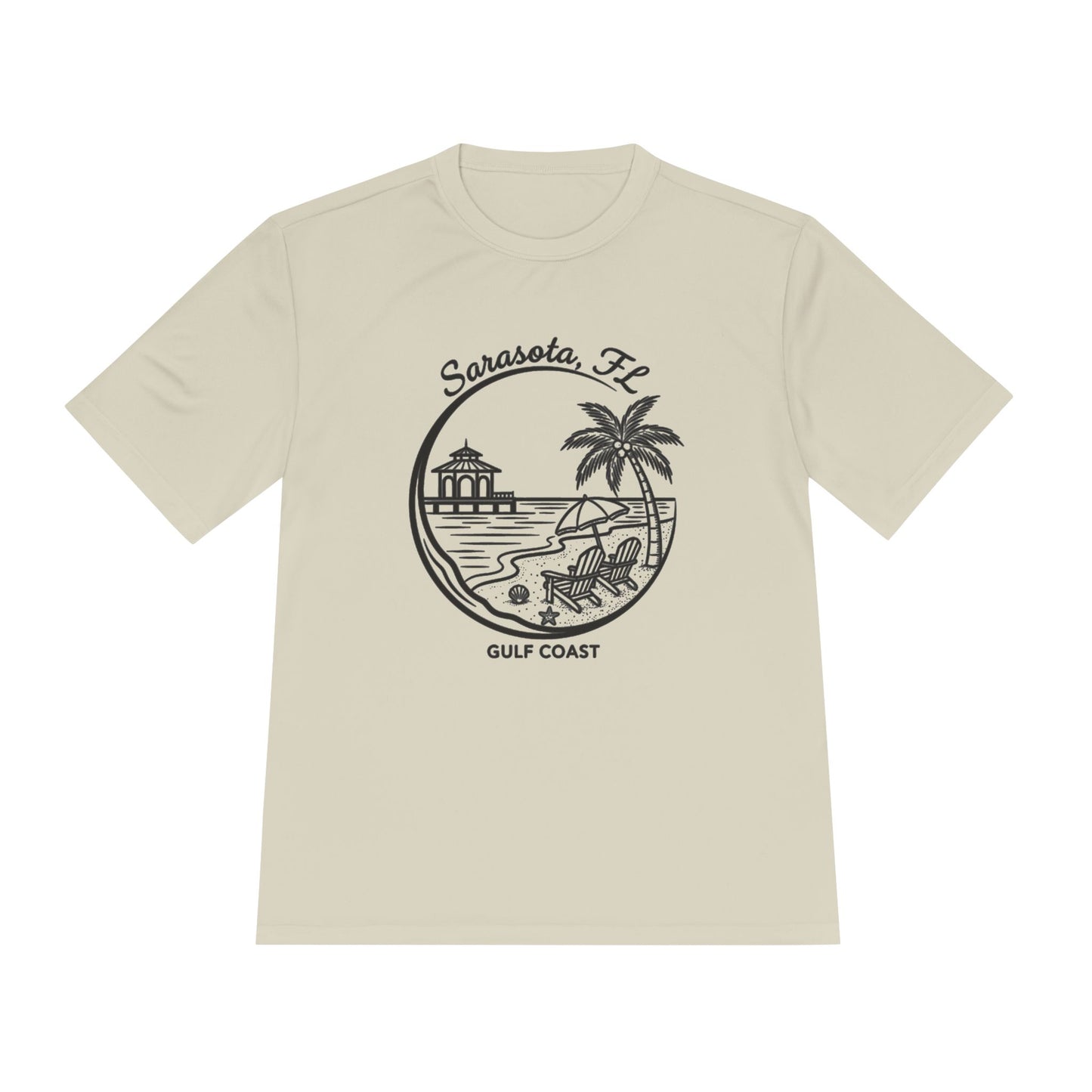 Sarasota, FL Gulf Coast Beach Graphic Tee - Palm Tree & Pier Moisture-Wicking Shirt