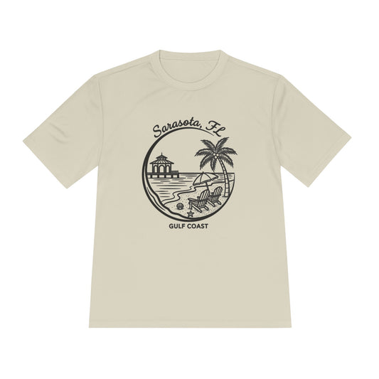 Sarasota, FL Gulf Coast Beach Graphic Tee - Palm Tree & Pier Moisture-Wicking Shirt