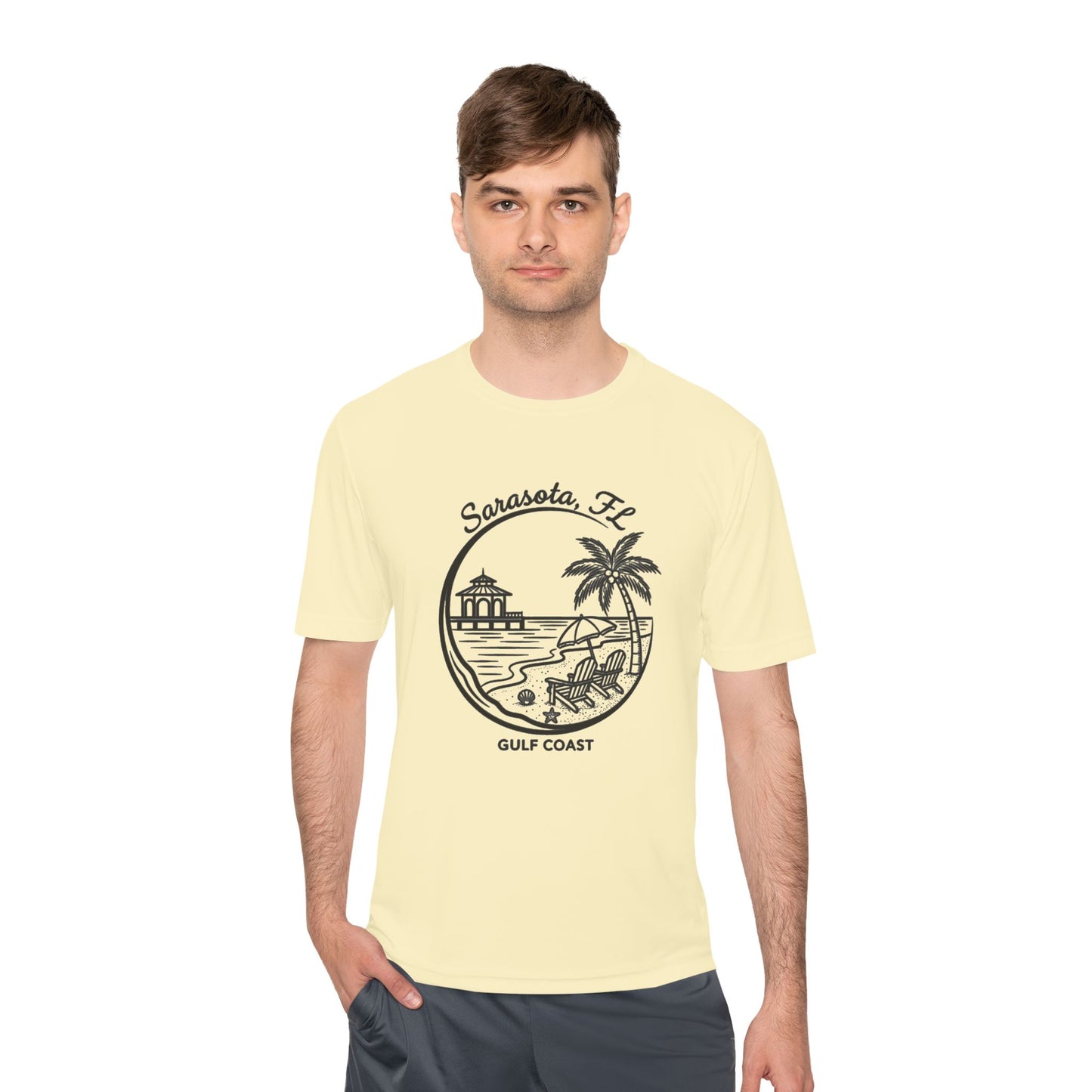 Sarasota, FL Gulf Coast Beach Graphic Tee - Palm Tree & Pier Moisture-Wicking Shirt