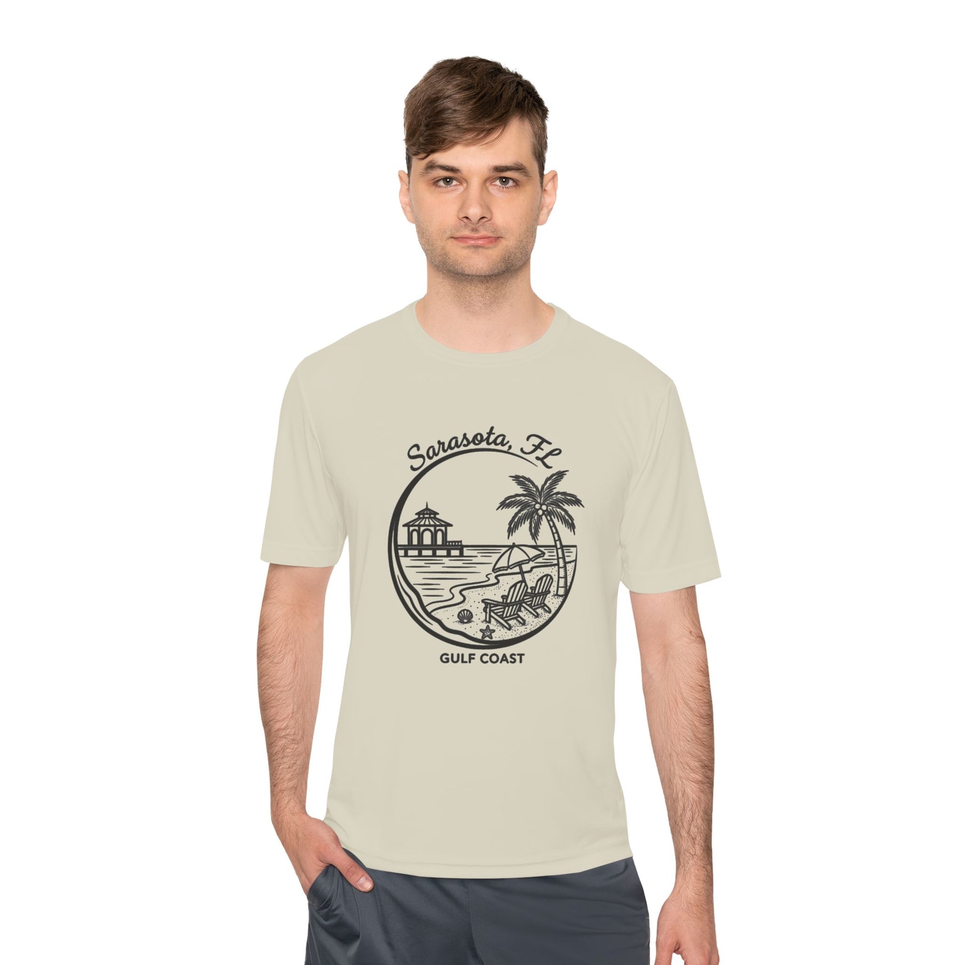 Sarasota, FL Gulf Coast Beach Graphic Tee - Palm Tree & Pier Moisture-Wicking Shirt - Watersports Now 